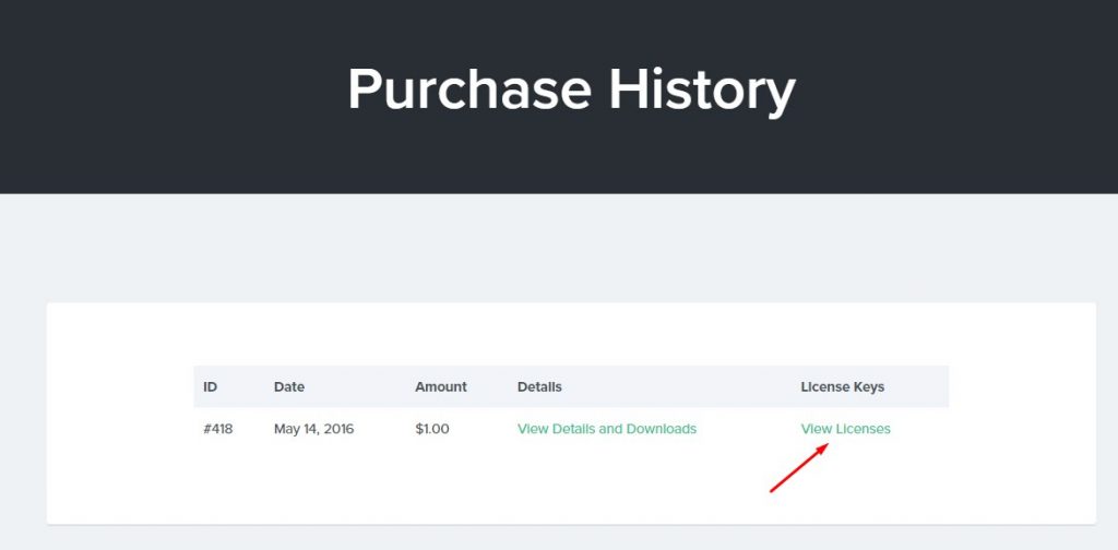 Purchase History - View Licenses